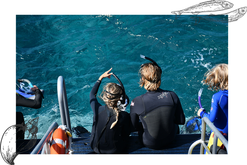 Deux enfants équipés pour du snorkeling assis au bord d'un bateau en pleine mer