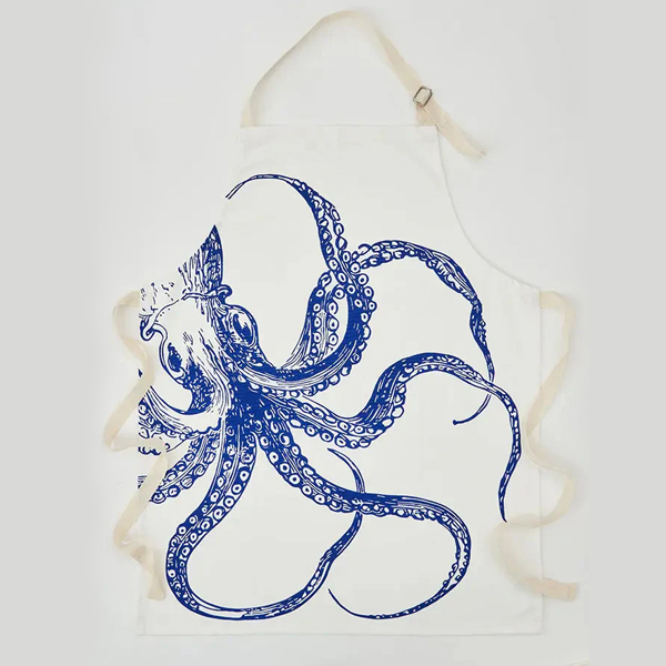Tablier blanc avec un poulpe bleu peint dessus